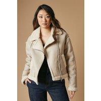 Oasis Women's PU Borg Detail Collared Zip Jacket in Ivory | Size: XL