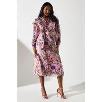 Printed Organza Frill Trim Midi Dress