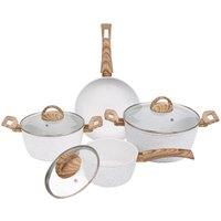 Gr8 Home Coconut Aluminium 7 Pcs Induction Non Stick Frying Pan Saucepan Pot Cookware Set in White