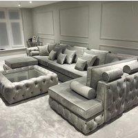 HOB Furniture Fully Buttoned Chesterfield Chaise End Sofa - Sofa Only - 10ftx6ftx6ft in Pale Grey