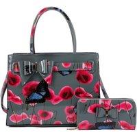 Fontanella Fashion Women's Poppy Patterned 2 in 1 Ribbon Tote Bag with Purse in Dark Grey