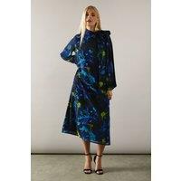 Wallis Women's Petite Floral Print Tie Neck Georgette Midi Dress in Navy | Size: 10