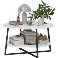 HOMCOM Round Coffee Table with Storage Shelf & Marble Effect Top, White