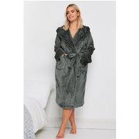 Yours Women's Ribbed Trim Hooded Dressing Gown in Grey | Size: 30-32
