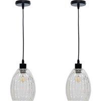First Choice Lighting Set of 2 Birch - Clear Fluted Glass with Black Pendant Fittings