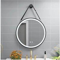 Living and Home 60cm Black LED Round Bathroom Wall Mirror with Hanging Strap - Front-Lit, Anti-Fog, Touch Control & 3-Colour Dimming