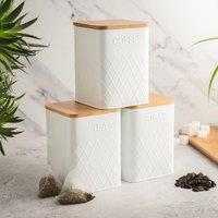 Cooks Professional 3-Piece Square Tea Coffee Sugar Kitchen Storage Bins with Bamboo Lids in White