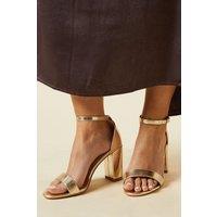 Dorothy Perkins Women's Wide Fit Spark High Block Heel Sandals in Gold | Size: 3