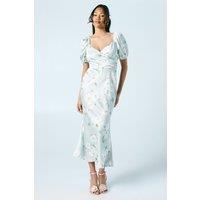 Oasis Women's Sage Posy Puff Sleeve Satin Wrap Top Bridesmaid Midi Dress | Size: 14