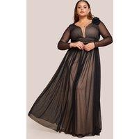 Goddiva Women's Corsage Dobby Mesh A Line Maxi Dress in Black | Size: 18