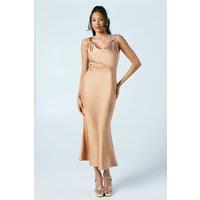 Oasis Women's Bow Strap Detail Satin Midi Bridesmaid Dress in Biscuit | Size: 14