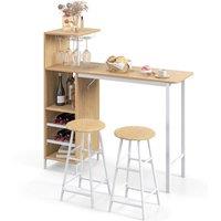 Costway 3PCS Bar Table Chair Set Industrial Dining Table Stools w/ Glass Holders & Wine Racks in Brown