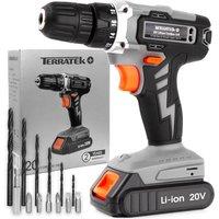 Terratek 20V Cordless Drill & Drill Bit Set 20V 1 Hr Fast Charge Battery & Charger Included in Orange