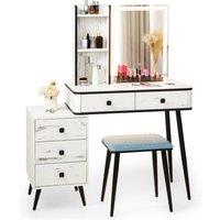 Gymax Vanity Table Set Dressing Table & Stool With 3-Color Lighted Mirror in White