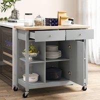Costway Kitchen Trolley Cart Rolling Kitchen Island with Cabinet & Rubber Wood Top in Grey