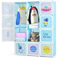 Gymax Children Wardrobe Kid Closet Baby Dresser Cute With Doors & 12 Cubes in Light Blue