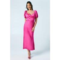 Oasis Women's Puff Sleeve Satin Wrap Top Bridesmaid Dress in Bright Pink | Size: 8