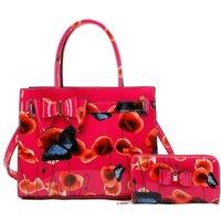 Fontanella Fashion Women's Poppy Patterned 2 in 1 Ribbon Tote Bag with Purse in Fuchsia