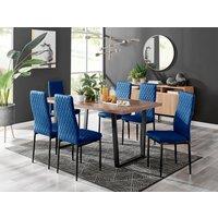 FurnitureboxUK Kylo Large Brown Wood Effect Dining Table & 6 Velvet Milan Black Leg Chairs in Navy