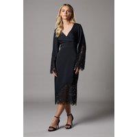 Coast Women's Petite Lace Panelled Satin Wrap Midi Dress in Black | Size: 8