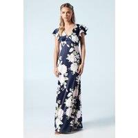 Coast Women's Petite Dahlia Floral Printed Satin Ruffle Sleeve Bridesmaid Dress in Navy | Size: 8