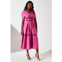 Crochet Insert Crepe V Neck Midi Dress