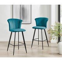 FurnitureboxUK Set of 2 Juniper Soft Touch Velvet Fluted Art Deco Bar Stools With Black Metal Legs in Blue