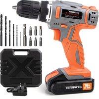 Terratek 18V Cordless Drill & Drill Bit Set 18V Battery & Charger & Case Included in Orange