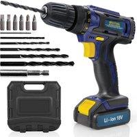Skotek 18V Cordless Drill & Drill Bit Set 18V Battery & Charger & Case Included in Blue