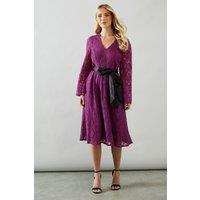 Wallis Women's Petite Long Sleeve Satin Belt Lace Midi Dress in Magenta | Size: 12