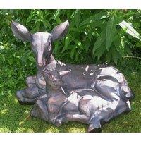 Inspirational Gifting Large Doe & Baby Fawn Laying Deer Garden Ornament Sculpture Hand Crafted in Bronze