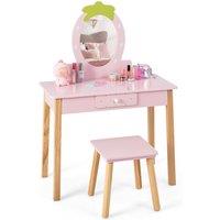Costway 2in1 Vanity Set Wooden Vanity Set w/ Stool Mirror & Drawer in Pink