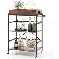 Gymax 3-Tier Bar Cart Serving Cart Kitchen Utility Cart With Detachable Tray in Brown