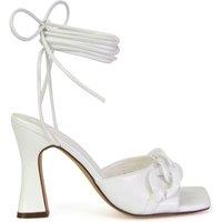 XY London Women's 'Rhegan' Lace Up Chain Detail Square Toe Block High Heel Sandals in White | Size: 5