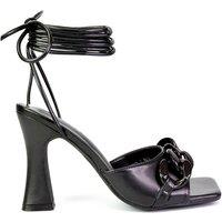 XY London Women's 'Rhegan' Lace Up Chain Detail Square Toe Block High Heel Sandals in Black | Size: 3