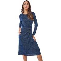 Roman Women's Ruched Glitter Midi Dress in Blue | Size: 18