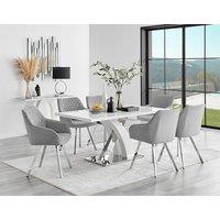 FurnitureboxUK Atlanta 6 White Dining Table & 6 Falun Silver Leg Chairs in Light Grey