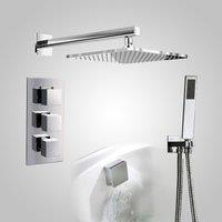 Nes Home 3 Dial 3 Way Square Concealed Thermostatic Mixer Valve, Square Handset, Bath Filler & Shower Head Chrome in Metallic Silver