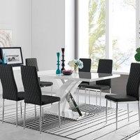 FurnitureboxUK Atlanta Modern Rectangle Chrome Metal High Gloss White Dining Table & 6 Milan Chairs Set in Black