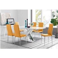 FurnitureboxUK Atlanta Modern Rectangle Chrome Metal High Gloss White Dining Table & 6 Milan Chairs Set in Mustard