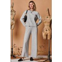 Jolie Moi Women's Round Neck Vertical Line Knit Top in Light Grey | Size: S/M