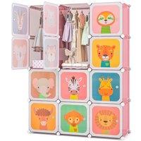 Gymax Portable Children Wardrobe 12- Cube Kid Closet Baby Dresser With Doors in Pink