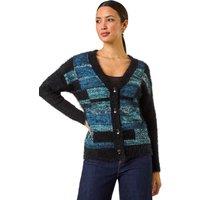 Roman Women's Colour Block Fluffy Knit Cardigan in Blue | Size: 20
