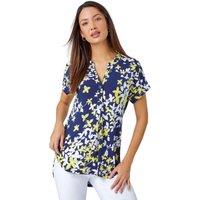 Roman Women's Floral Puff Print V-Neck Pleat Front Top in Yellow | Size: 10