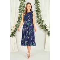 Yumi Women's Navy Floral Print Midi Skater Dress | Size: 16