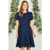 Yumi Women's Navy Lace Skater Dress With Puff Sleeves | Size: 8