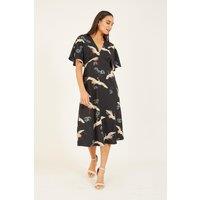 Yumi Women's Black Crane Print Midi Dress | Size: 8