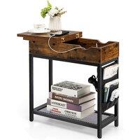 Costway Narrow Side Table Flip Top End Table Nightstand w/ Charging Station Side Pocket in Brown