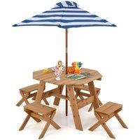 Costway Wooden Octagon Table Set Picnic Table & 4 Chairs with Umbrella in Natural