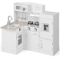 Costway Kids Corner Play Kitchen Wooden Children Role Play Pretend Cooking Playset in White